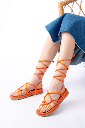 1001-1001 Orange Bilekten Bağcıklı Kadın Sandalet