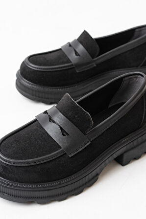 746-759 Siyah Süet Günlük Yüksek Tabanlı Loafer Ayakkabı