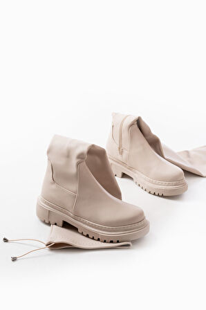 812-2194 Bej Fermuarlı Diz Üstü Bağcıklı Çorap Günlük Kadın Çizme