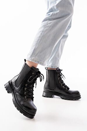 2051-298 Siyah Cilt Düz Topuklu Bağcıklı Lastikli Günlük Kadın Bot