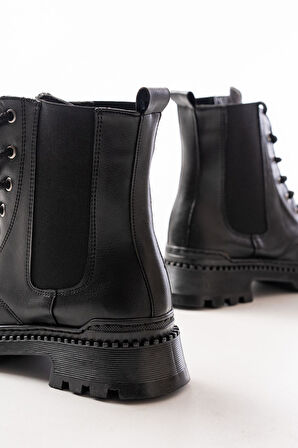 2051-298 Siyah Cilt Düz Topuklu Bağcıklı Lastikli Günlük Kadın Bot