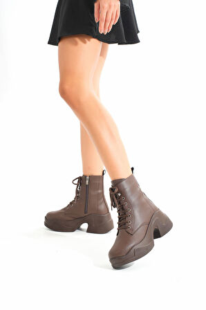 FZ-2550 Kahverengi Yüksek Tabanlı Bağcıklı Fermuarlı Günlük Kadın Bot