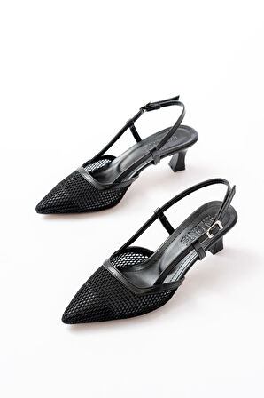 K-607 Siyah Günlük Fileli Arkası Açık 7 cm Topuklu Kadın Ayakkabı