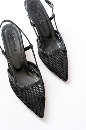 K-607 Siyah Günlük Fileli Arkası Açık 7 cm Topuklu Kadın Ayakkabı