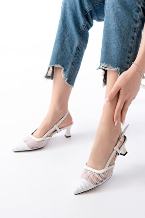 K-607 Beyaz Günlük Fileli Arkası Açık 7 cm Topuklu Kadın Ayakkabı