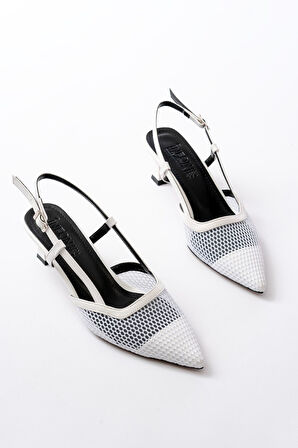 K-607 Beyaz Günlük Fileli Arkası Açık 7 cm Topuklu Kadın Ayakkabı