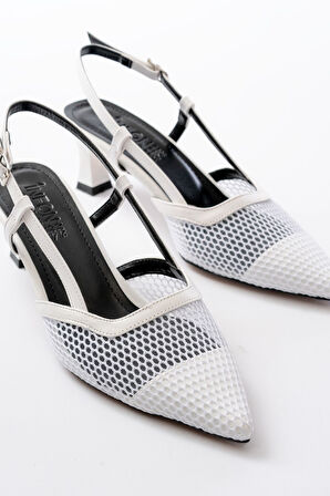 K-607 Beyaz Günlük Fileli Arkası Açık 7 cm Topuklu Kadın Ayakkabı