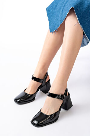 İNF-40450 Siyah Rugan Günlük Arkası Açık Topuklu Kadın Ayakkabı