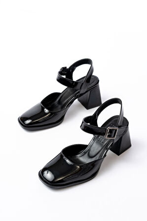 İNF-40450 Siyah Rugan Günlük Arkası Açık Topuklu Kadın Ayakkabı