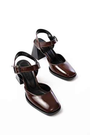 İNF-40450 Kahve Rugan Günlük Arkası Açık Topuklu Kadın Ayakkabı