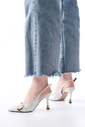 İNF-1151 Beyaz Günlük Arkası Açık Topuklu Kadın Ayakkabı