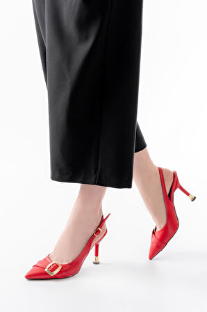 İNF-1151 Kırmızı Günlük Arkası Açık Topuklu Kadın Ayakkabı