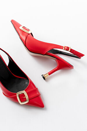 İNF-1151 Kırmızı Günlük Arkası Açık Topuklu Kadın Ayakkabı