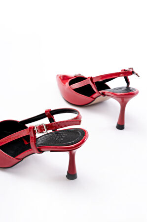 İNF-2300 Kırmızı Rugan Günlük Arkası Açık Fiyonklu Topuklu Kadın Ayakkabı