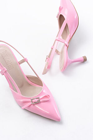 İNF-2300 Pembe Rugan Günlük Arkası Açık Fiyonklu Topuklu Kadın Ayakkabı