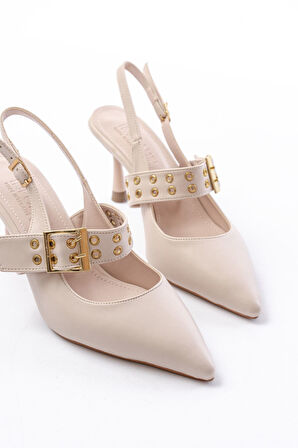 İNF-260 Bej Günlük Arkası Açık Baret Tokalı Topuklu Kadın Ayakkabı