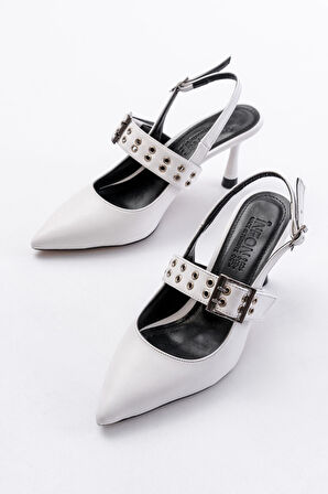 İNF-260 Beyaz Günlük Arkası Açık Baret Tokalı Topuklu Kadın Ayakkabı