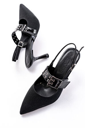 İNF-260 Siyah Simli Günlük Arkası Açık Baret Tokalı Topuklu Kadın Ayakkabı