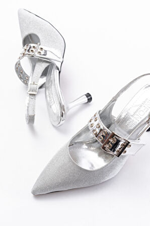 İNF-260 Gümüş Simli Günlük Arkası Açık Baret Tokalı Topuklu Kadın Ayakkabı