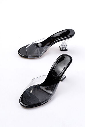S-619 Siyah Rugan Şeffaf Bantlı Şeffaf Topuklu Yuvarlak Burunlu Kadın Terlik