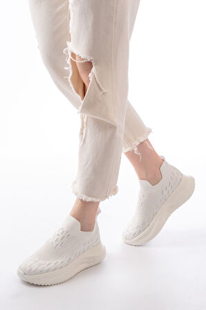 DM-707  Beyaz Fileli Faillant Taban Taş Aksesuarlı Günlük Spor Ayakkabı