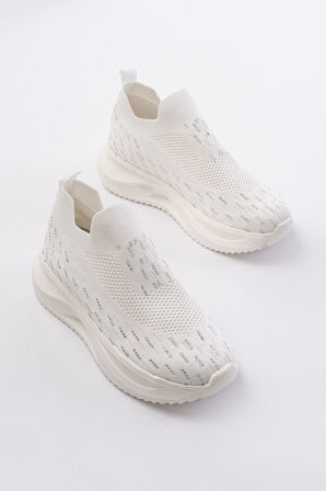 DM-707  Beyaz Fileli Faillant Taban Taş Aksesuarlı Günlük Spor Ayakkabı