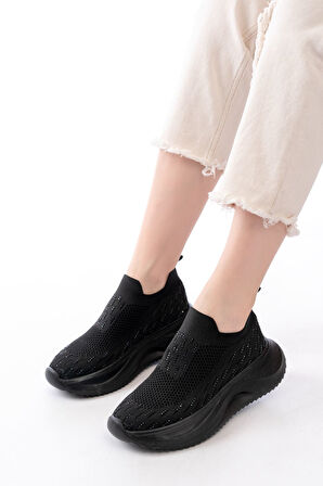 DM-707  Siyah Fileli Faillant Taban Taş Aksesuarlı Günlük Spor Ayakkabı