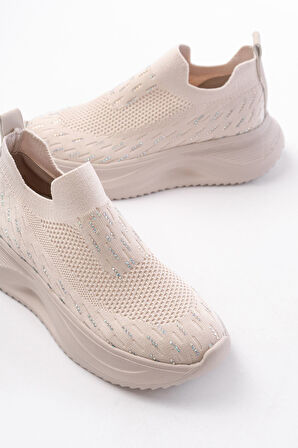 DM-707  Bej Fileli Faillant Taban Taş Aksesuarlı Günlük Spor Ayakkabı