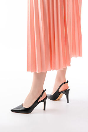 ST-1153 Siyah Günlük Arkası Açık 9 cm Topuklu Kadın Ayakkabı