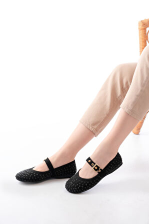 DM-6020 Siyah Troklu Baret Tokalı Günlük Kadın Babet