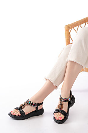 DM-608 Siyah Taşlı Arka Lastikli Günlük Kadın Sandalet