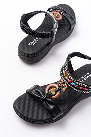 DM-608 Siyah Taşlı Arka Lastikli Günlük Kadın Sandalet