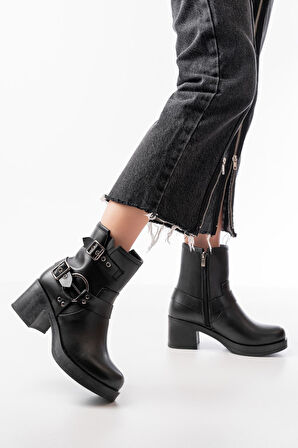5109-3028 Siyah Toka Aksesuarlı Fermuarlı Topuklu Günlük Kadın Bot