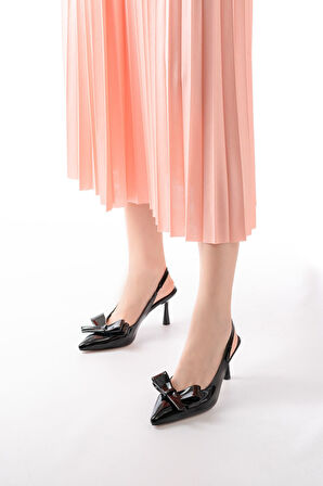 İNF-4501 Siyah Rugan Günlük Arkası Açık Fiyonklu Topuklu Kadın Ayakkabı