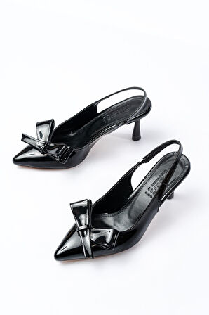 İNF-4501 Siyah Rugan Günlük Arkası Açık Fiyonklu Topuklu Kadın Ayakkabı