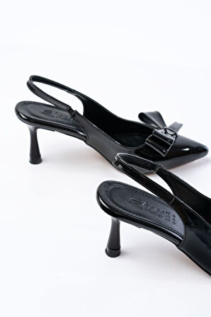 İNF-4501 Siyah Rugan Günlük Arkası Açık Fiyonklu Topuklu Kadın Ayakkabı