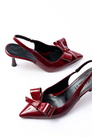 İNF-4501 Bordo Rugan Günlük Arkası Açık Fiyonklu Topuklu Kadın Ayakkabı