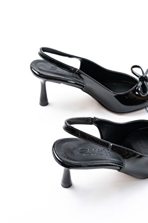 İNF-4500 Siyah Rugan Günlük Arkası Açık Fiyonklu Topuklu Kadın Ayakkabı