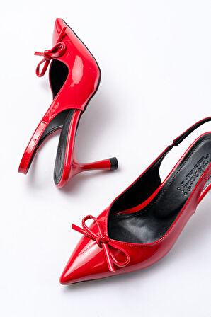 İNF-4500 Kırmızı Rugan Günlük Arkası Açık Fiyonklu Topuklu Kadın Ayakkabı