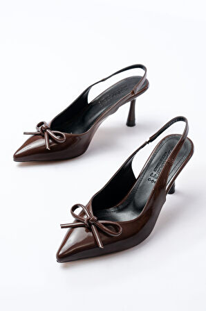 İNF-4500 Kahve Rugan Günlük Arkası Açık Fiyonklu Topuklu Kadın Ayakkabı