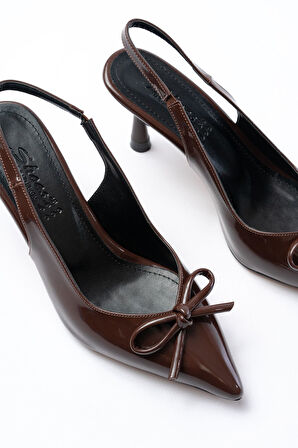 İNF-4500 Kahve Rugan Günlük Arkası Açık Fiyonklu Topuklu Kadın Ayakkabı