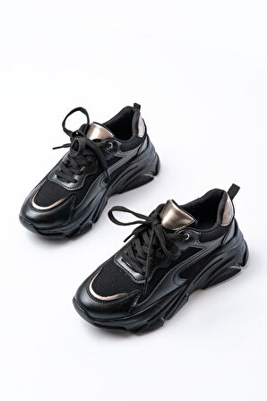SP-149 Siyah Platin Bağcıklı Fileli Günlük Spor Ayakkabı