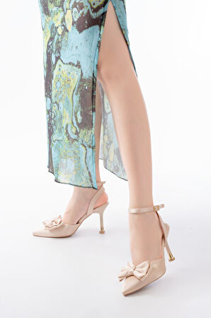 İNF-4505 Bej Saten Günlük Arkası Açık Kurdele detaylı Topuklu Kadın Ayakkabı