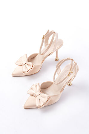 İNF-4505 Bej Saten Günlük Arkası Açık Kurdele detaylı Topuklu Kadın Ayakkabı