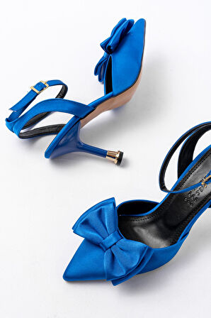 İNF-4505 Mavi Saten Günlük Arkası Açık Kurdele detaylı Topuklu Kadın Ayakkabı
