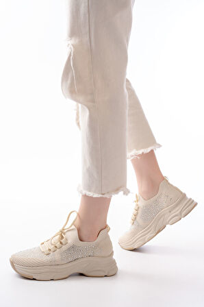 3002  Bej Bağcıklı Fileli Taş Aksesuarlı Günlük Spor Ayakkabı