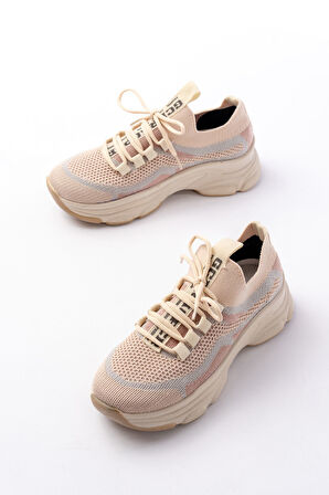 3001  Bej Bağcıklı Fileli Günlük Spor Ayakkabı