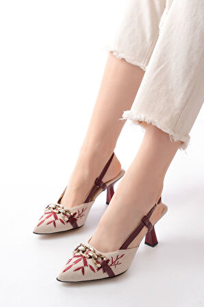 K-250 Bordo Keten Günlük Arkası Açık Tokalı Topuklu Kadın Ayakkabı