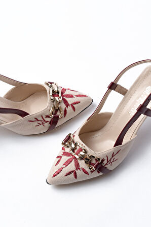 K-250 Bordo Keten Günlük Arkası Açık Tokalı Topuklu Kadın Ayakkabı