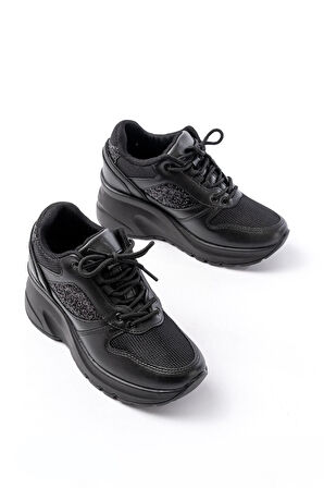 F-185 Siyah Günlük Bağcıklı Taş Aksesuarlı Yazlık Spor Ayakkabı